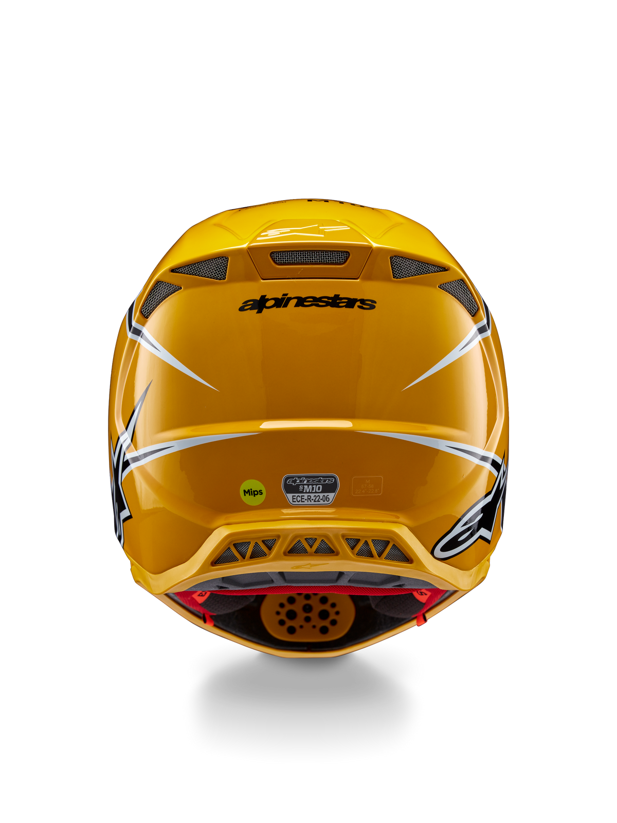 Casco Alpinestars Supertech M10 Ampress, vista posterior, amarillo brillante con detalles en negro y blanco, incluye rejillas de ventilación traseras, adhesivos MIPS y ECE 22.06, protección profesional para motocross