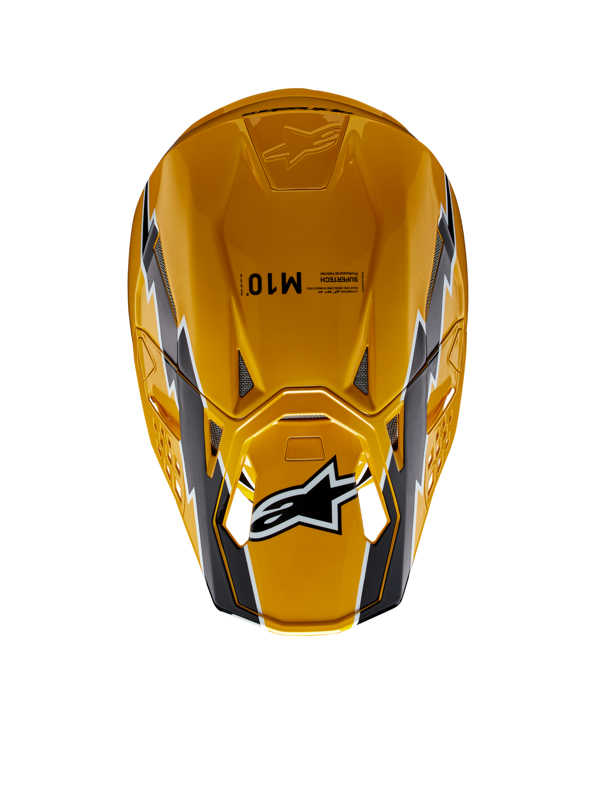 Casco Alpinestars Supertech M10 Ampress, casco de motocross, negro y amarillo brillante, vista superior con acabado amarillo brillante y gráficos en negro y blanco, logotipo de Alpinestars en la visera y calota aerodinámica con puertos de ventilación