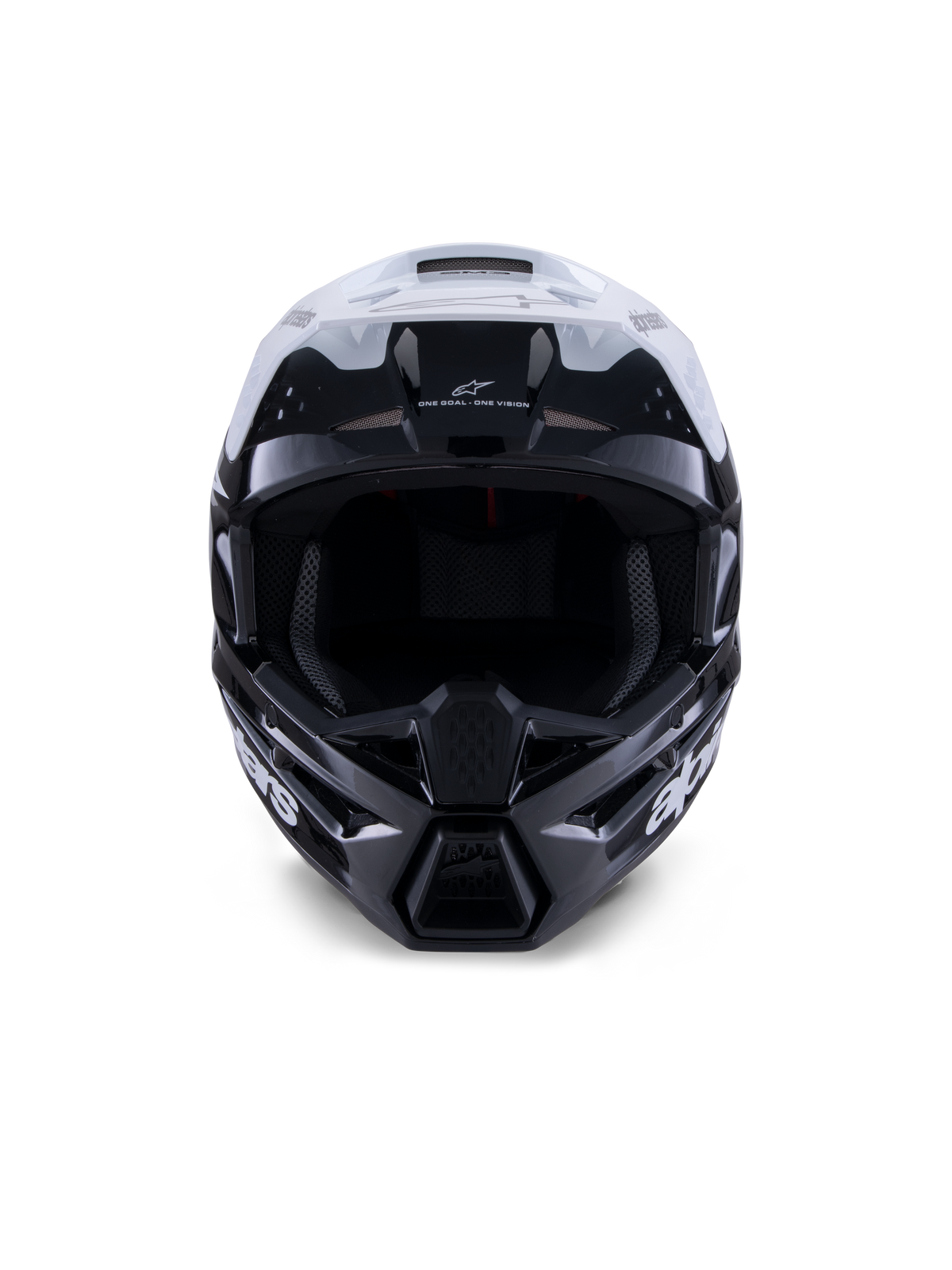 Alpinestars S-M3 Radium Helmet, Motocross Helmet, Black White and Gray Glossy, front-facing view, featuring an aggressive shell design with a white visor, black chin guard, and mesh-lined ventilation ports.