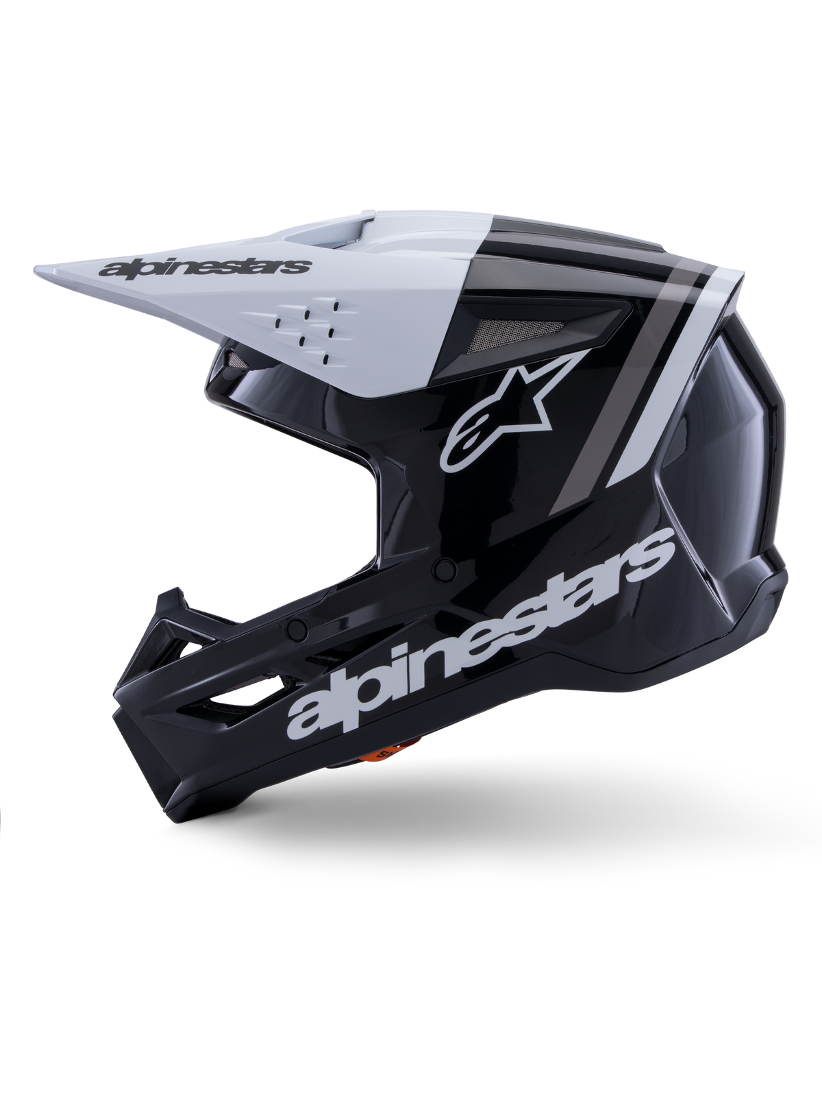 Alpinestars S-M3 Radium Helmet ECE 22.06, side profile view, glossy black and white finish, gray racing stripes, white Alpinestars logo on the side and chin area, ventilated design for motocross and enduro