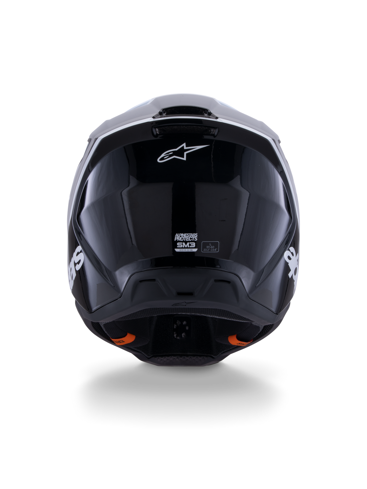 Alpinestars S-M3 Radium Helmet ECE 22.06, Motocross Helmet, Black White Gray Glossy, rear view showing glossy black finish, Alpinestars star logo, ventilation exhaust ports, and ECE certification label.