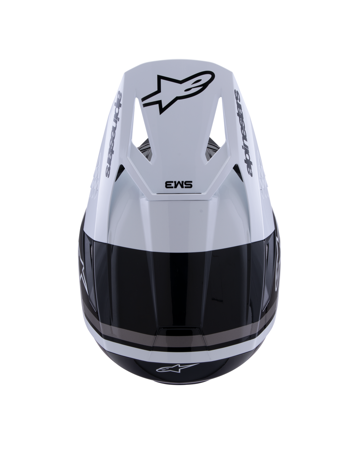 Alpinestars S-M3 Radium Helmet, Motocross Helmet, Black White and Gray Glossy, top-down view showing white visor with black Astar logo and SM3 branding, sleek glossy finish with ventilation ports, high-performance off-road head protection