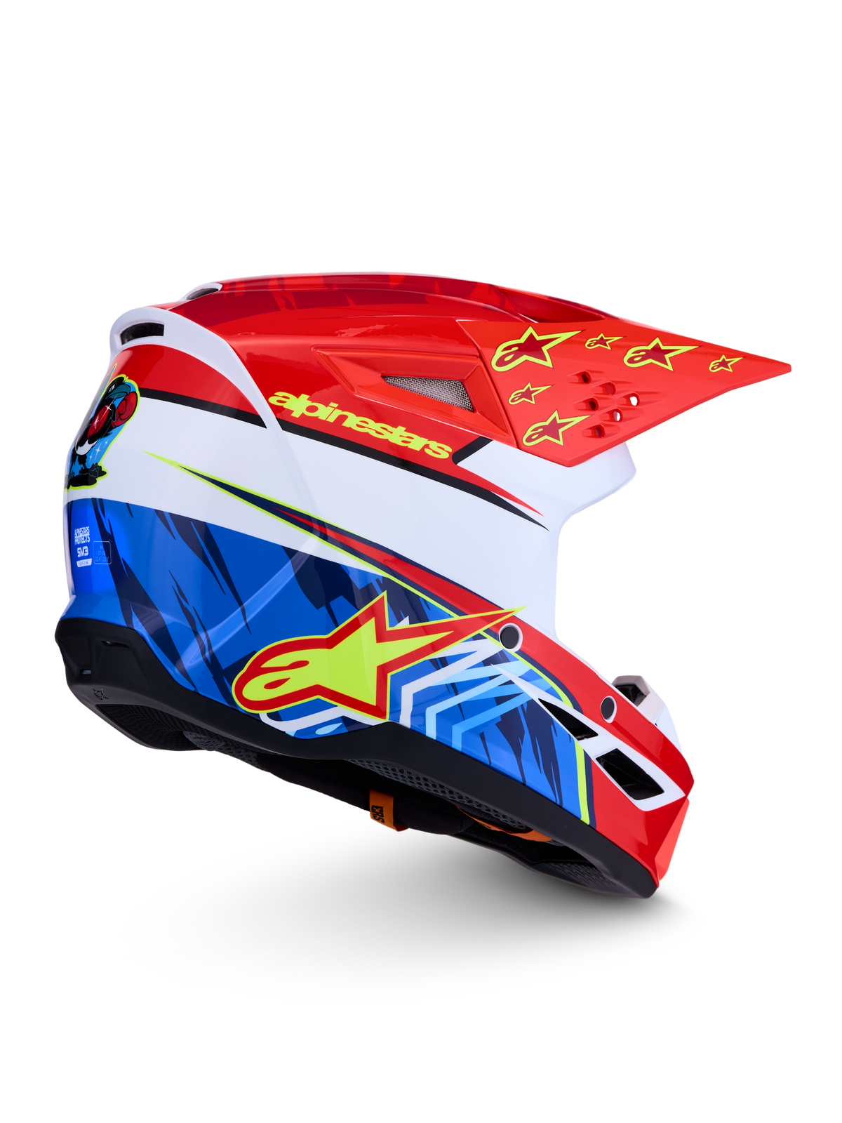 Casco Alpinestars SM3 Falcon ECE06, casco de motocross en rojo y azul con estrellas amarillas, certificado ECE 2206, para conducción off-road y enduro