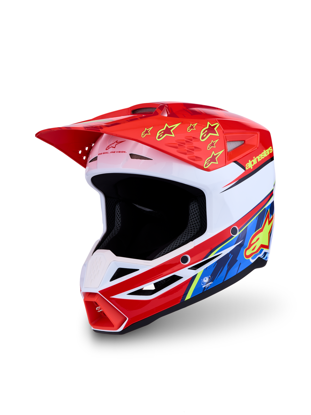 Casco Alpinestars SM3 Falcon ECE06, casco de motocross para off-road, rojo y blanco, certificación ECE 2206, con gráficos de estrellas amarillas