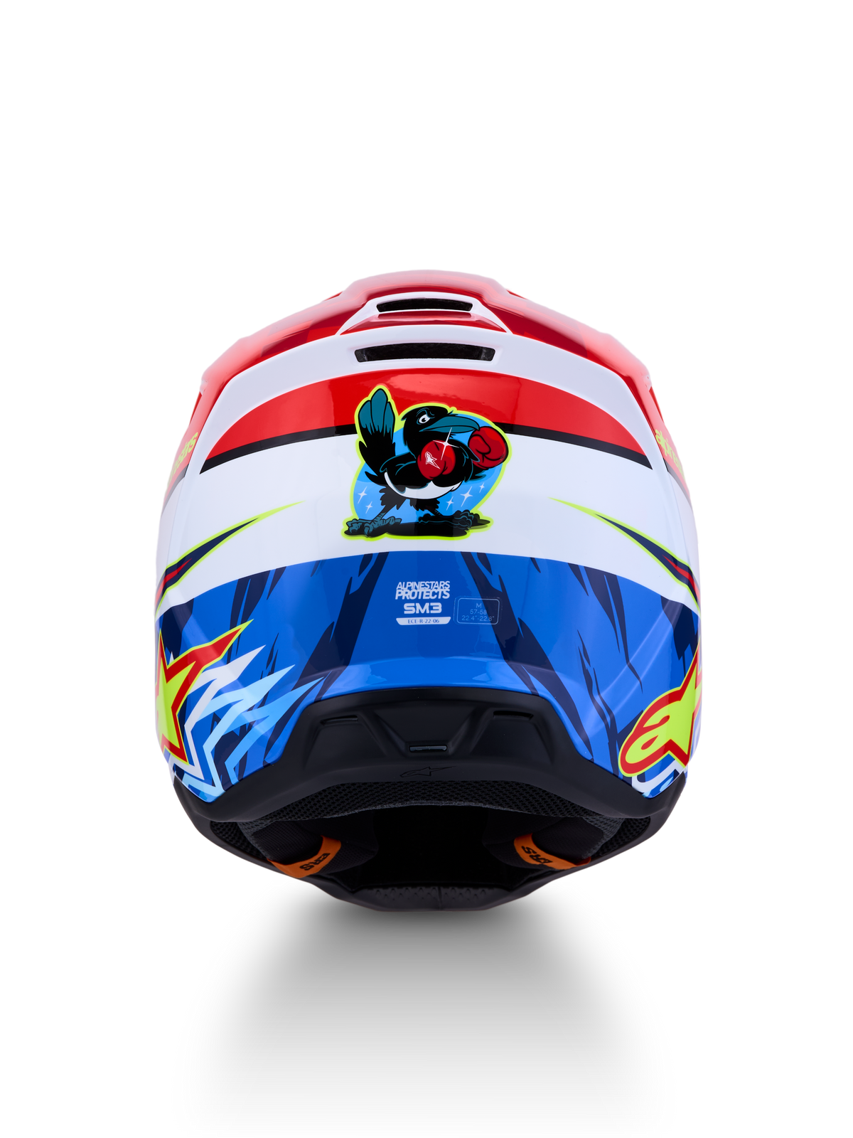 Alpinestars Casco SM3 Falcon ECE06, casco de motocross rojo y azul con un halcón animado, certificación ECE 22.06