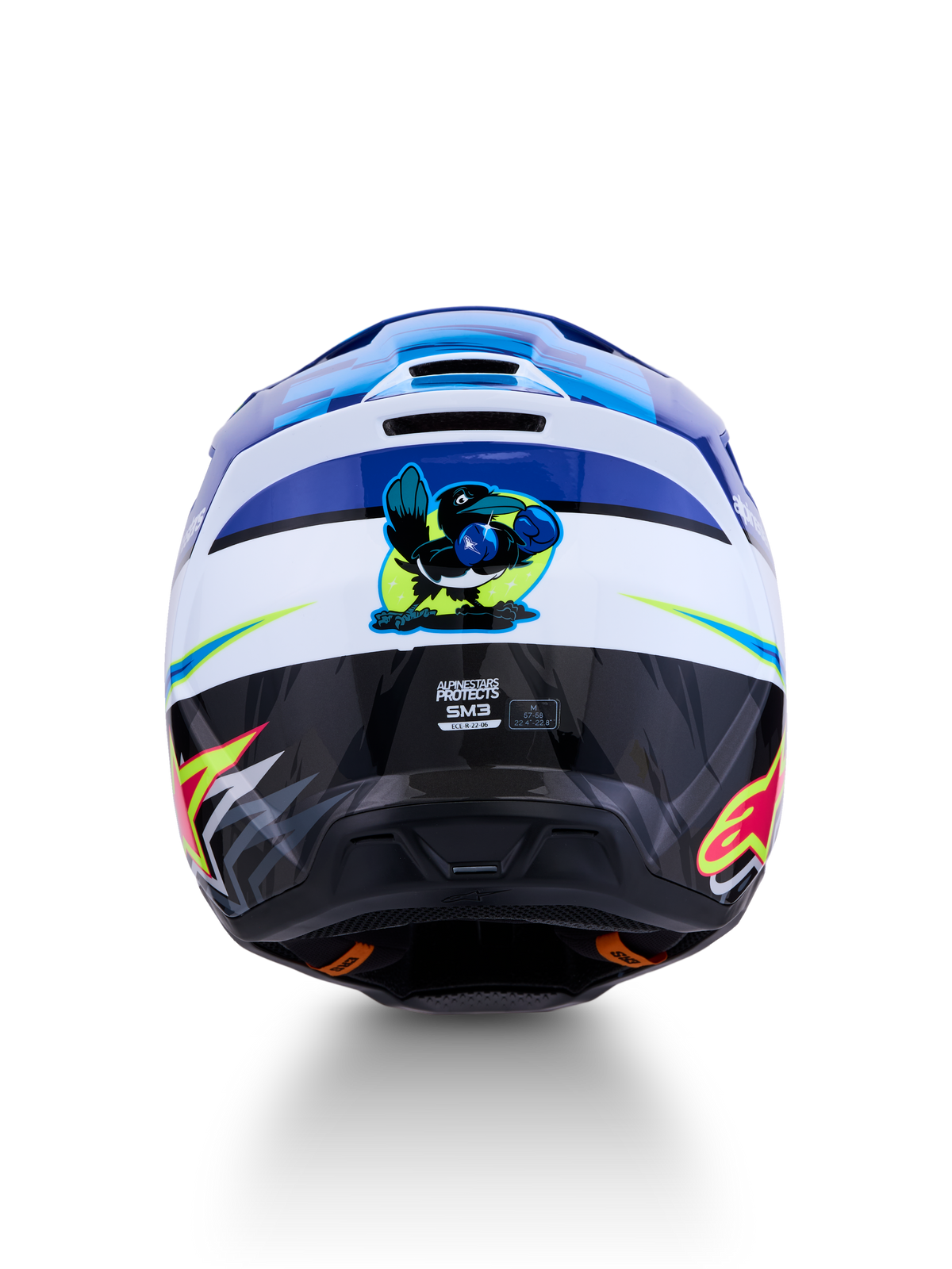 Alpinestars Casco SM3 Falcon ECE06, casco de motocross, vista trasera con gráfico de pájaro boxeador, azul y blanco, homologación ECE 2206.