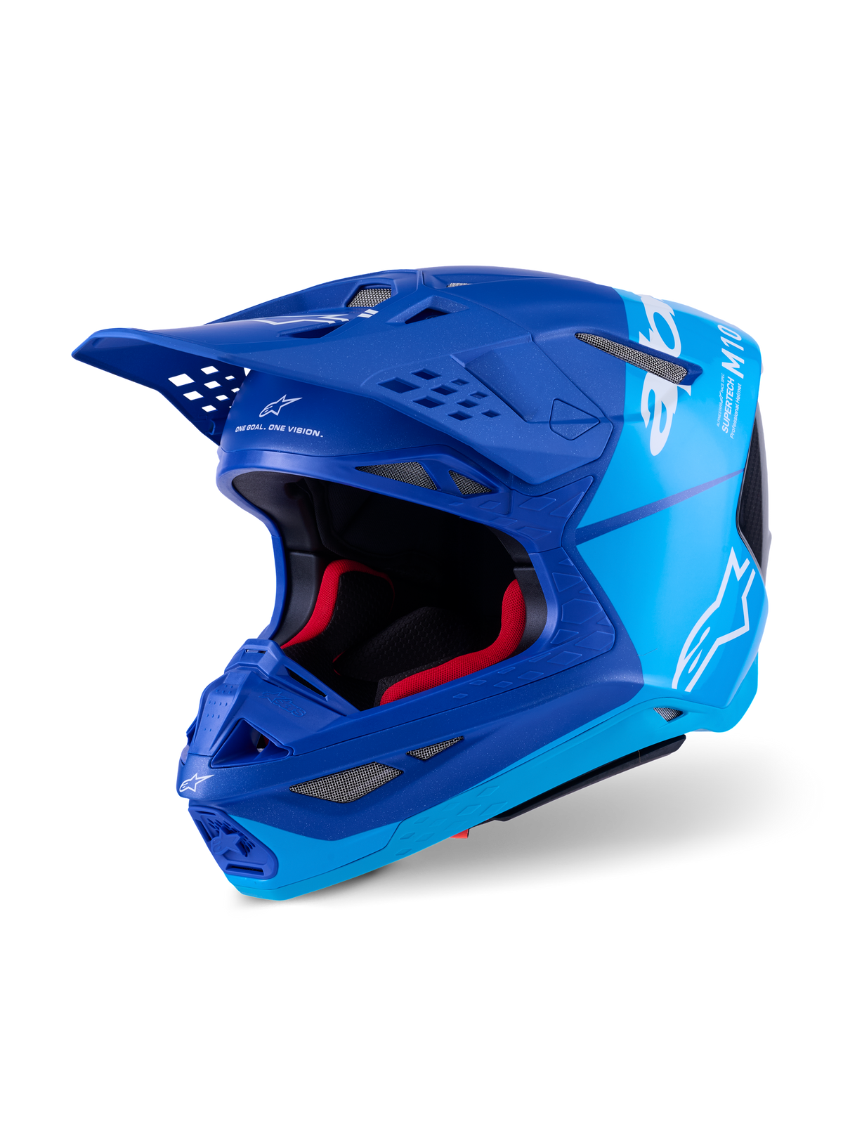 Casco Alpinestars Supertech M10 Flood, casco de motocross, azul metálico y azul medio con detalles en fibra de carbono negra, con logotipos blancos y marca M10, múltiples puertos de ventilación y acolchado interior rojo, diseñado para un rendimiento profesional off-road.