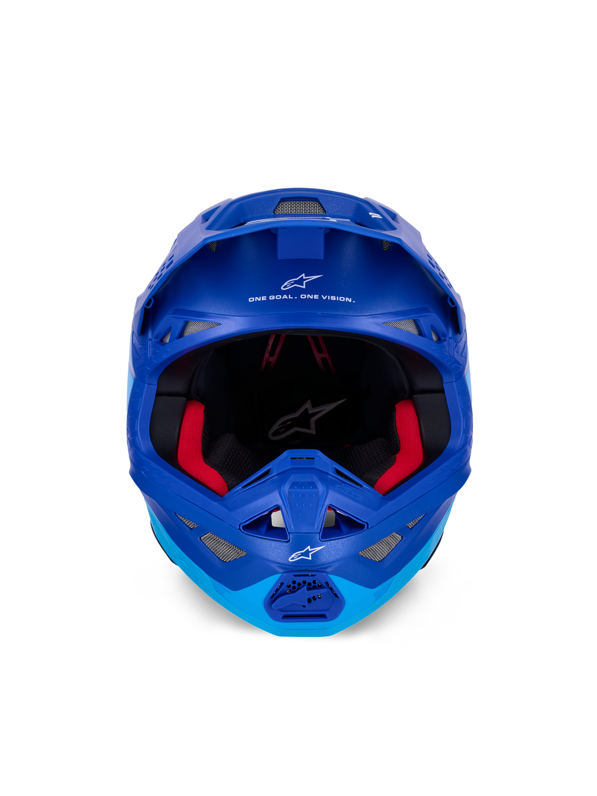 Casco Alpinestars Supertech M10 Flood ECE, casco de motocross, azul metálico y azul medio con detalles de carbono negro, vista frontal que muestra la mentonera y el puerto ocular, logotipos y texto de Alpinestars en blanco, acolchado interior rojo, protección profesional para off-road