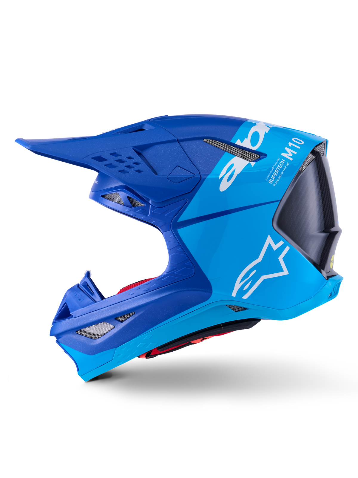 Casco Alpinestars Supertech M10 Flood, casco de motocross, azul metálico y azul medio con carbono negro, vista de perfil lateral que muestra acabados mate y brillantes, logo de Alpinestars en blanco y detalles de Supertech M10, protección avanzada para la cabeza en carreras de off-road