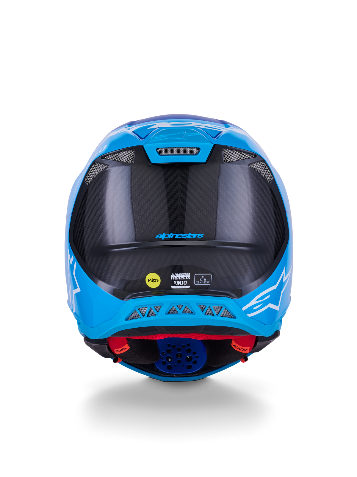 Casco Alpinestars Supertech M10 Flood, casco de motocross, azul metálico y azul medio con fibra de carbono negra, vista trasera que muestra la textura de carbono 3K, logotipos de estrellas blancas, pegatina MIPS y puertos de ventilación de escape