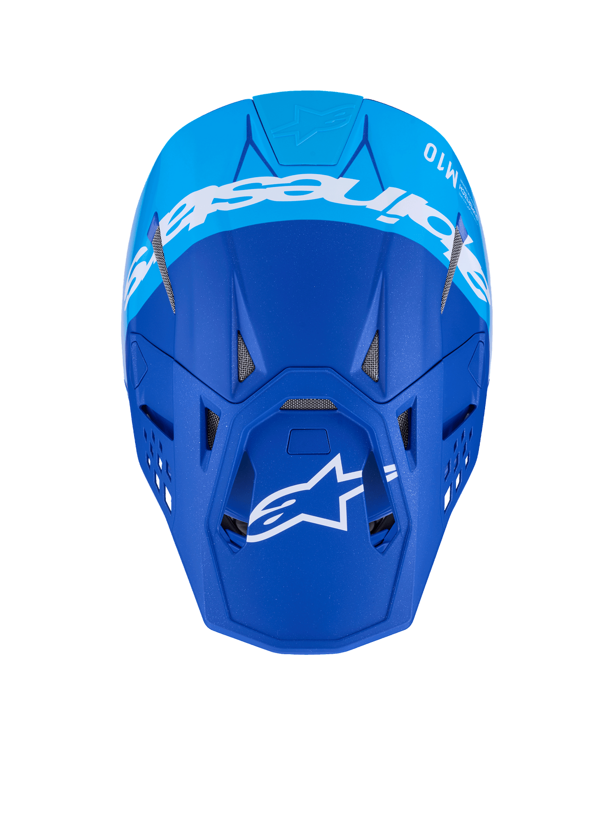 Casco Alpinestars Supertech M10 Flood, casco de motocross, azul oscuro y azul claro, vista superior con logotipos de Alpinestars en blanco y puertos de ventilación, casco de competición off-road profesional con acabado mate