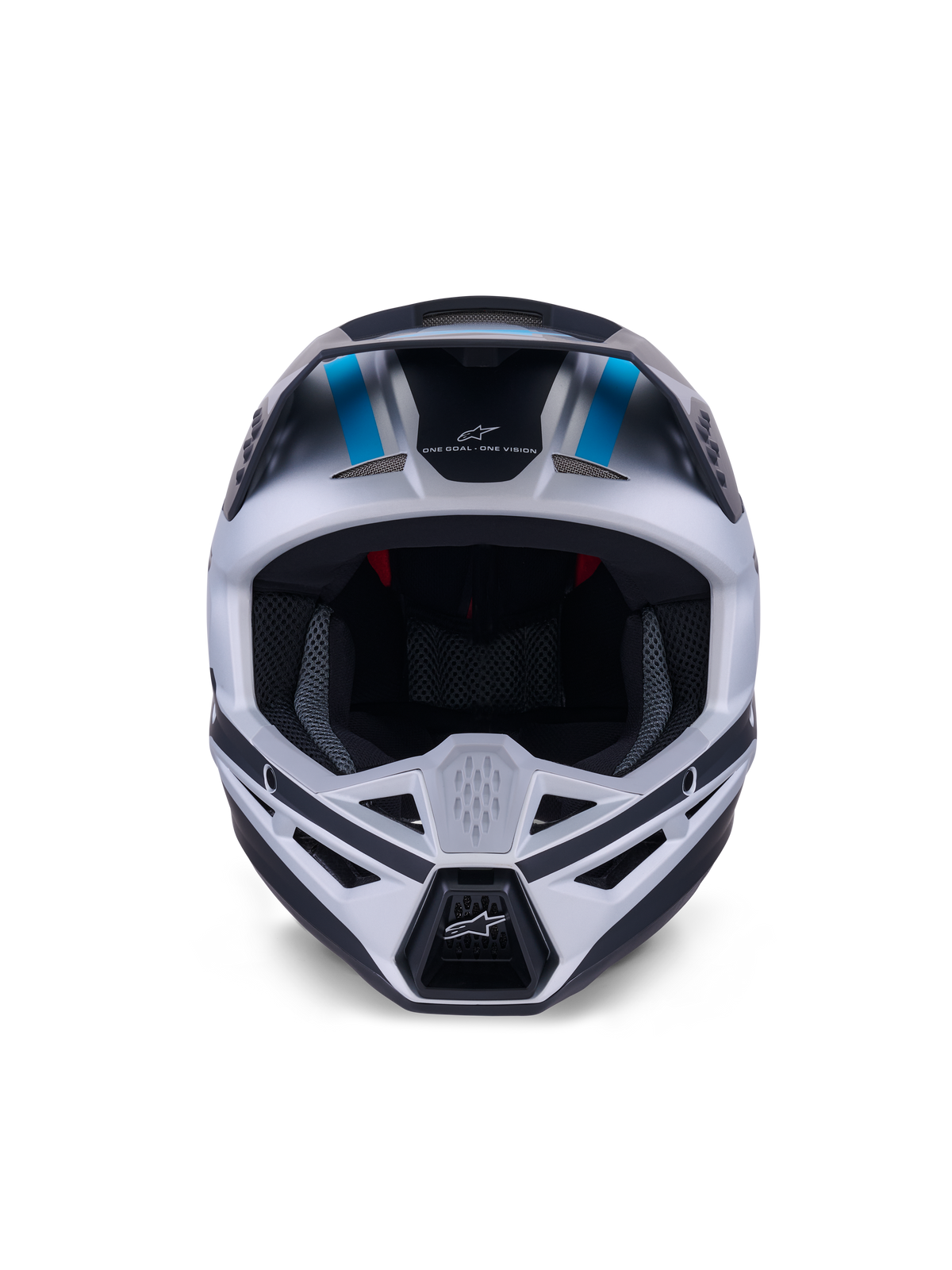 Casco Alpinestars S-M3 Heat, casco de motocross, color plata, azul y negro mate, vista frontal que destaca el sistema de ventilación, la amplia apertura para las gafas y el acolchado interior de malla, con el eslogan de la marca 'ONE GOAL ONE VISION' en la frente.