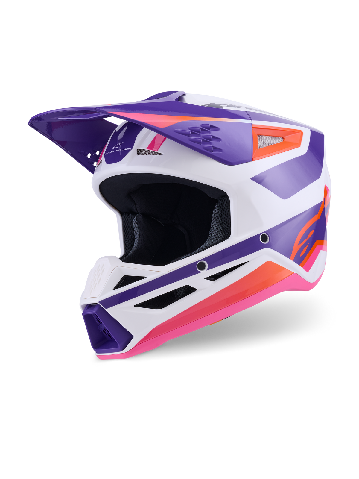 Alpinestars S-M3 Heat Helmet ECE 22.06, Motocross Helmet, White Purple and Pink Glossy, three-quarter front view featuring bold geometric graphics, ventilated chin bar, and aerodynamic peak, off-road racing protection