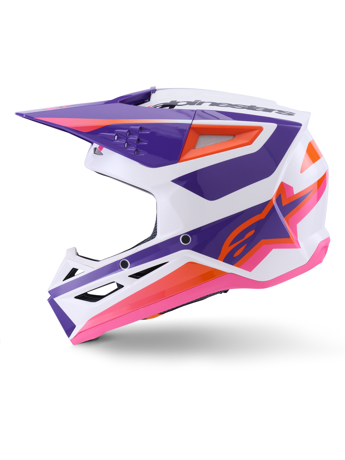 Alpinestars S-M3 Heat Helmet ECE 22.06, Motocross Helmet, White Purple and Pink Glossy with orange accents, side profile showing angular graphic design, ventilation inlets, and glossy finish for off-road racing