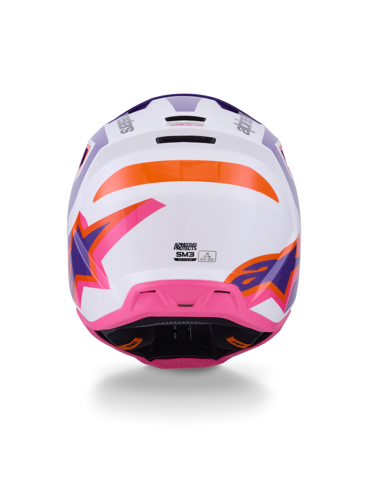 Alpinestars S-M3 Heat Helmet ECE 22.06, Motocross Helmet, Rear view in White Purple Pink Glossy with orange accents, featuring bold star graphics, rear ventilation exhaust ports, and thermo-injected shell design for off-road racing.