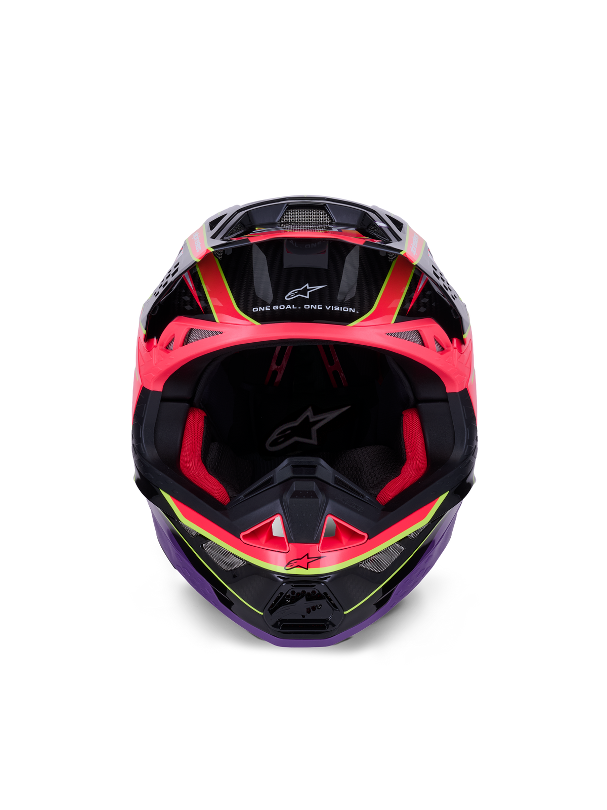 Alpinestars Supertech M10 Era Helmet, Motocross Helmet, Pink Violet and Yellow Fluo Glossy, front view showing red interior padding and carbon fiber shell details, featuring 'One Goal. One Vision.' text, professional off-road racing protection