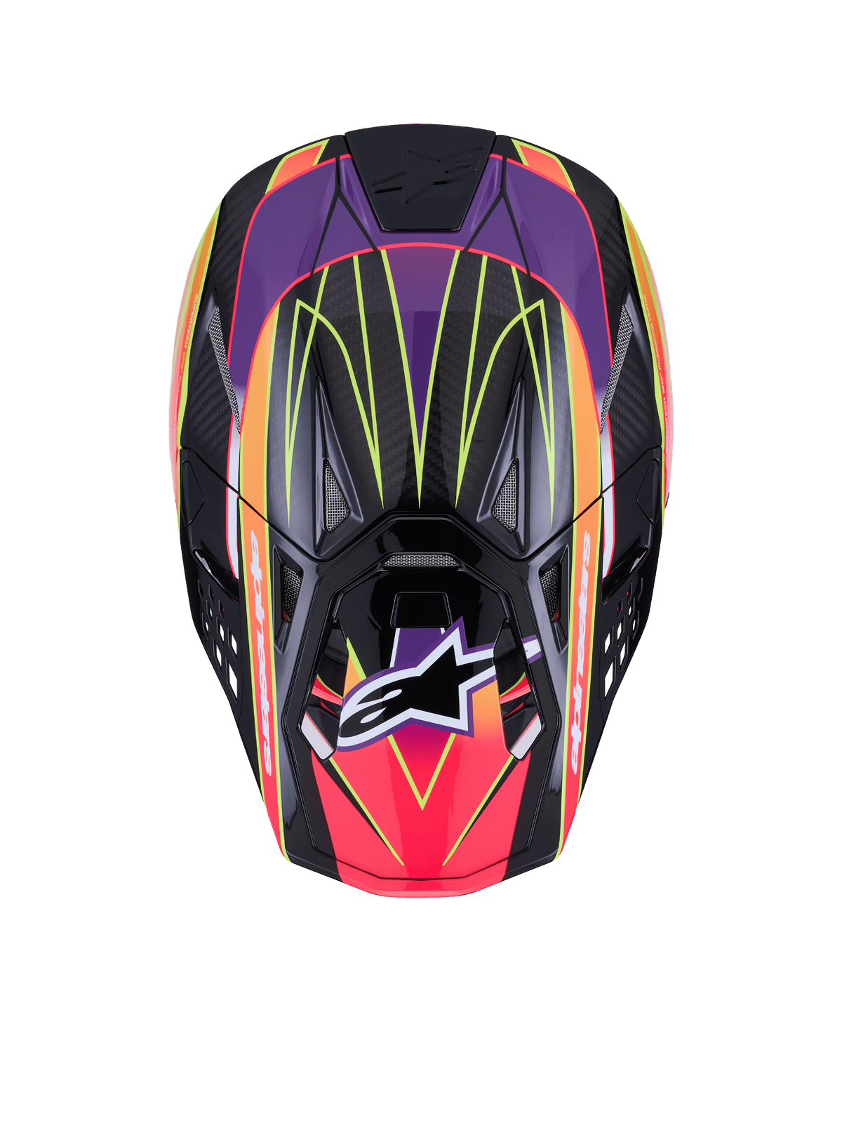 Alpinestars Supertech M10 Era Helmet ECE 22.06, Motocross Helmet, Pink Violet and Yellow Fluo Glossy, top view showing high-density carbon shell with glossy finish, vibrant geometric patterns, integrated ventilation ports, and signature Alpinestars logo