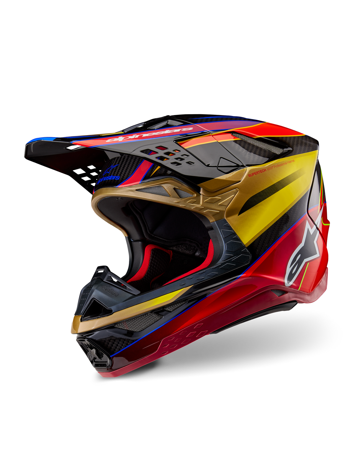 Alpinestars Supertech M10 Era Helmet, Motocross Helmet, Gold Yellow Rio Red Glossy, sleek aerodynamic carbon fiber shell with vibrant red and gold graphics, featuring multiple intake and exhaust ports, white Alpinestars logo, and glossy finish