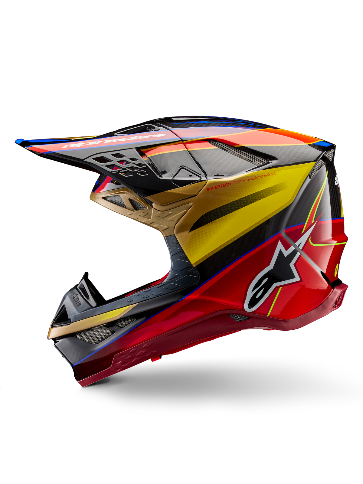 Alpinestars Supertech M10 Era Helmet, Motocross Helmet, Gold Yellow Rio Red Glossy, side profile featuring carbon fiber texture and bold graphics, Alpinestars star logo, aerodynamic shape with multiple ventilation ports, professional off-road racing protection
