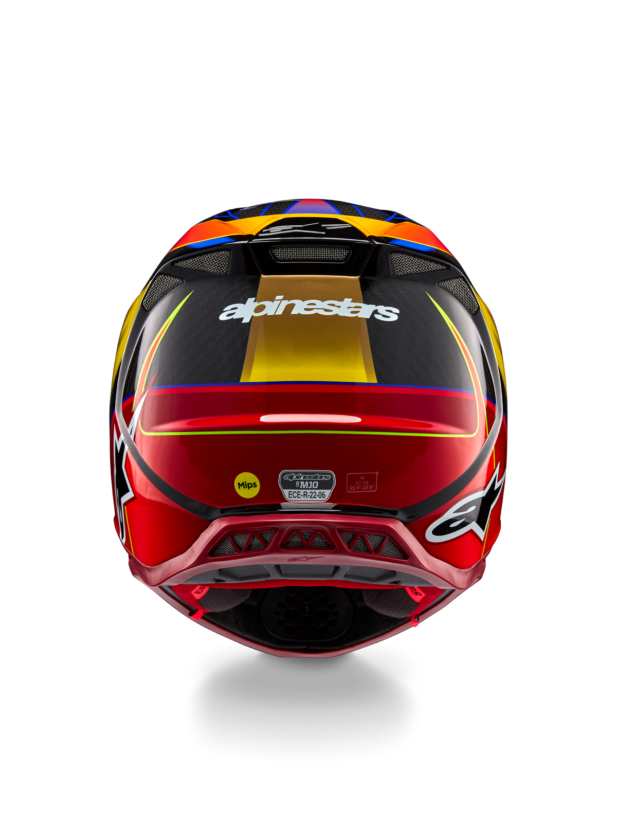 Alpinestars Supertech M10 Era Helmet, Motocross Helmet, Gold Yellow and Rio Red Glossy, rear view featuring white Alpinestars branding, MIPS logo, and aerodynamic ventilation ports, multi-composite carbon fiber construction with blue accents