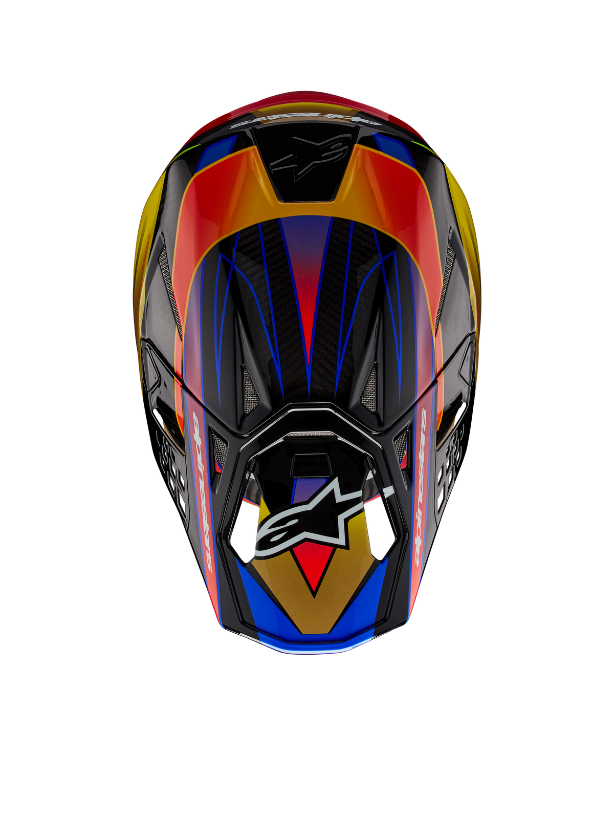 Alpinestars Supertech M10 Era ECE Helmet, Motocross Helmet, Gold Yellow Rio Red Glossy, top-down view showing vibrant geometric patterns in blue and yellow, glossy finish with carbon shell texture visible, featuring the Alpinestars logo on the visor