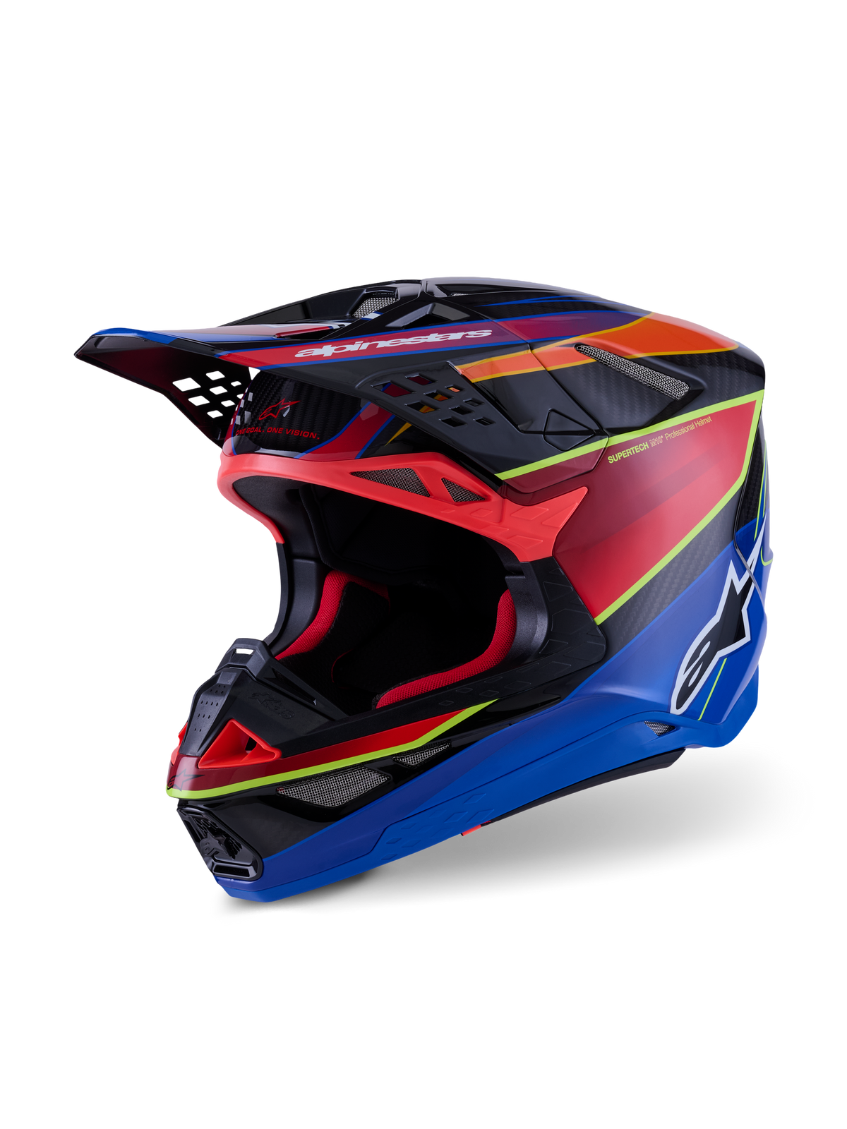 Alpinestars Supertech M10 Era Helmet, Motocross Helmet, Blue Red and Yellow Fluo Glossy, professional multi-composite carbon shell design with advanced ventilation ports and aerodynamic visor for off-road racing.