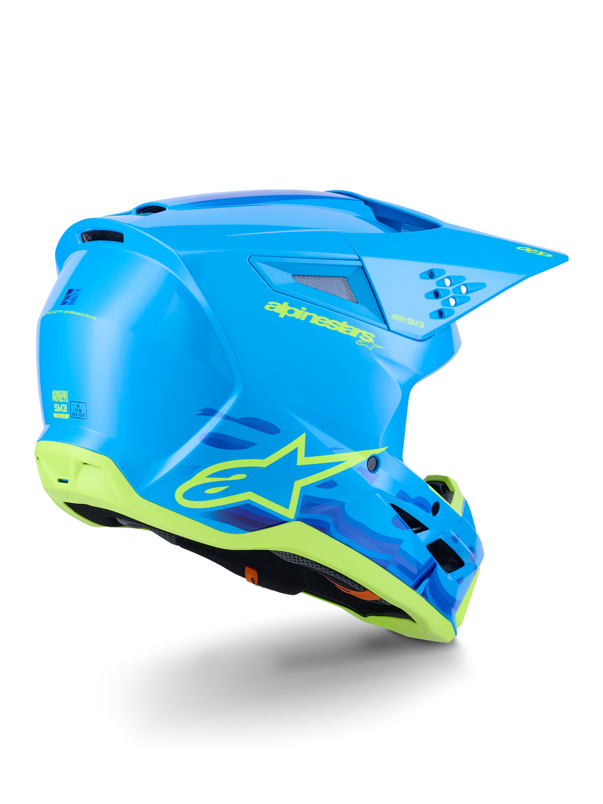 Casco Alpinestars S-M3 Force OCD, casco de motocross, cian brillante con detalles en blanco y negro, con un diseño aerodinámico estilizado, puertos de ventilación integrados y visera protectora para rendimiento todoterreno