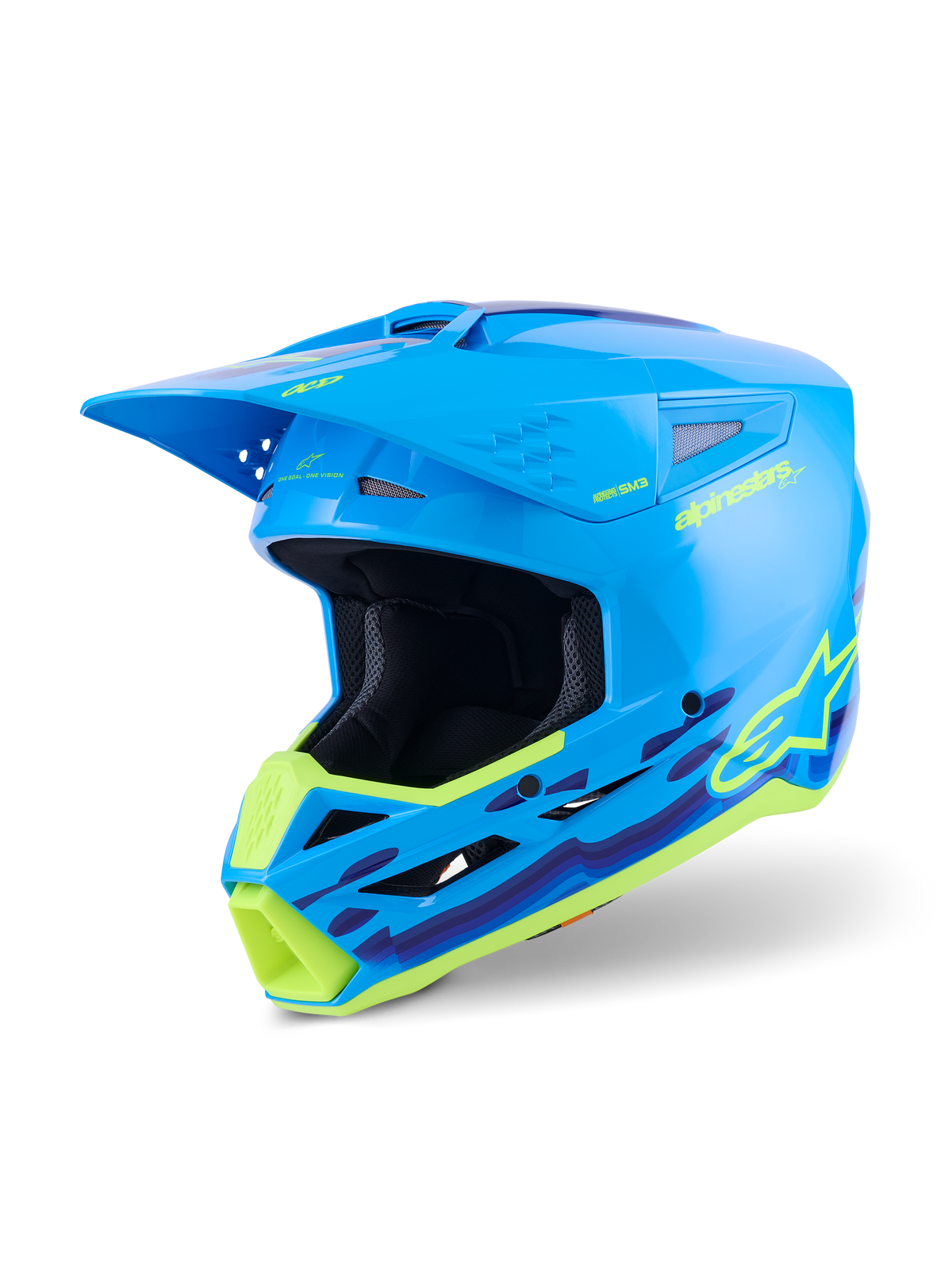 Casco Alpinestars S-M3 Force OCD, casco de motocross, cian brillante con gráficos ondulados en amarillo neón y púrpura, acabado de alto brillo con logotipo de Alpinestars prominente, diseñado para protección contra impactos en off-road y ventilación