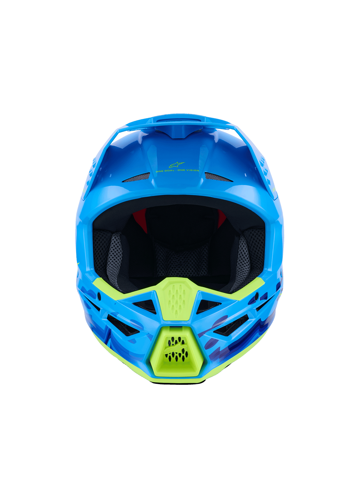 Casco Alpinestars S-M3 Force OCD, casco de motocross, cian brillante con detalles en amarillo neón, vista frontal, con gráficos de camuflaje en azul y púrpura, puertos de ventilación agresivos y un diseño de calota aerodinámico y elegante