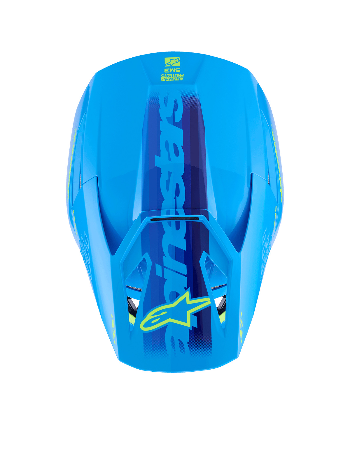 Casco Alpinestars S-M3 Force OCD, Cyan Glossy, vista superior que muestra la calota aerodinámica, gran logotipo azul de Alpinestars con el logo de la estrella amarilla en la visera, acabado brillante para carreras de motocross