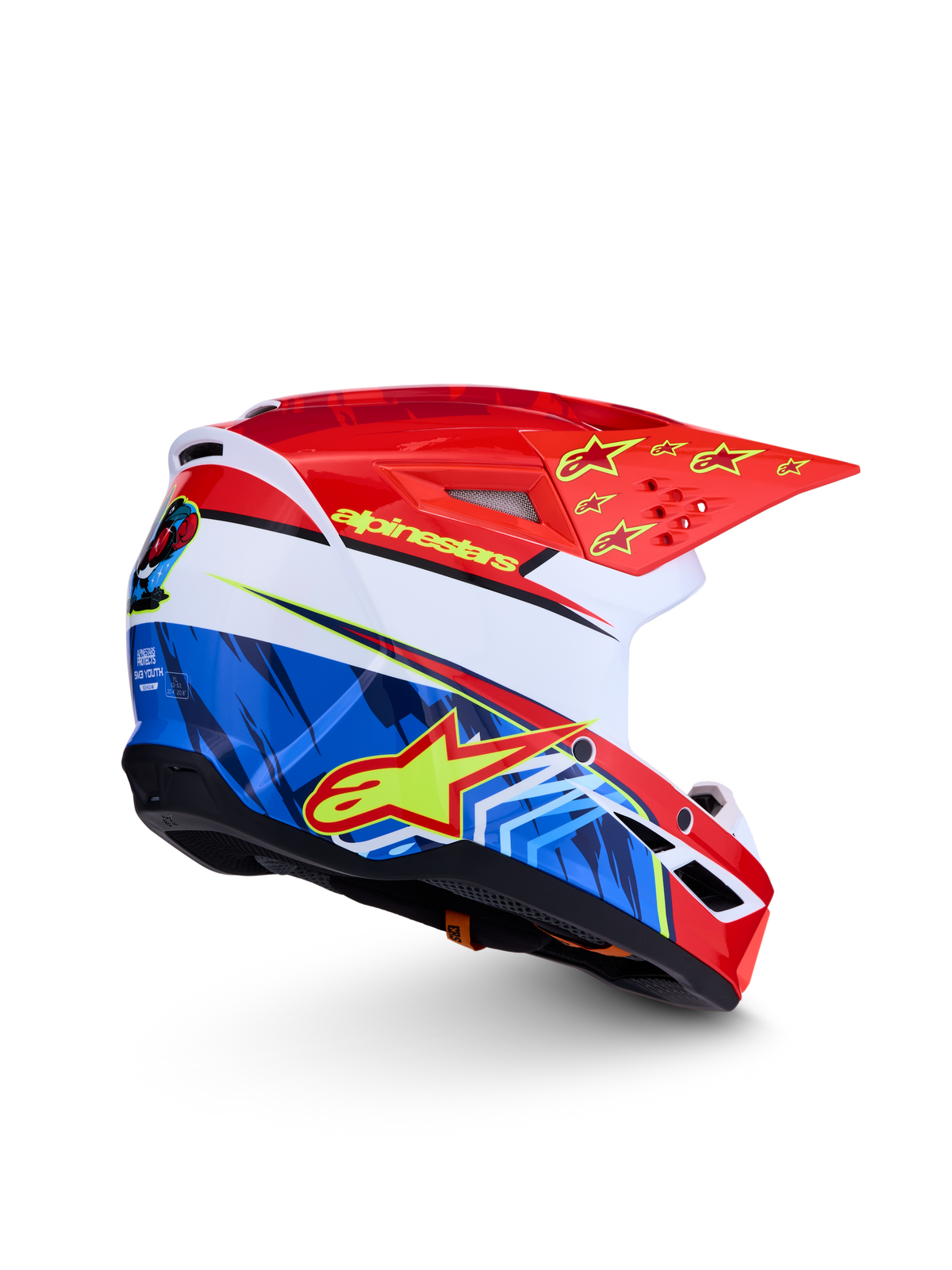 Casco juvenil Alpinestars SM3 Falcon ECE06, rojo y azul con gráficos de estrellas amarillas, certificado ECE 2206