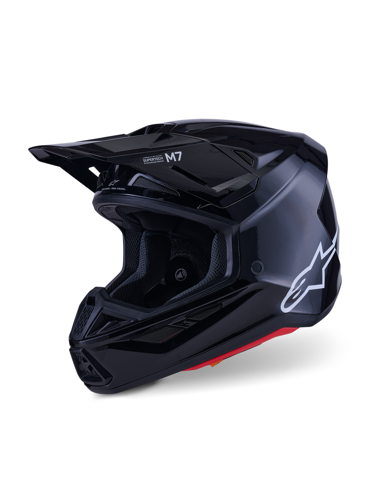 Casco Alpinestars S-M7 Solid, casco de motocross, negro brillante, con logotipo blanco de Alpinestars en el lateral, visera aerodinámica y múltiples tomas de aire para protección en carreras off-road
