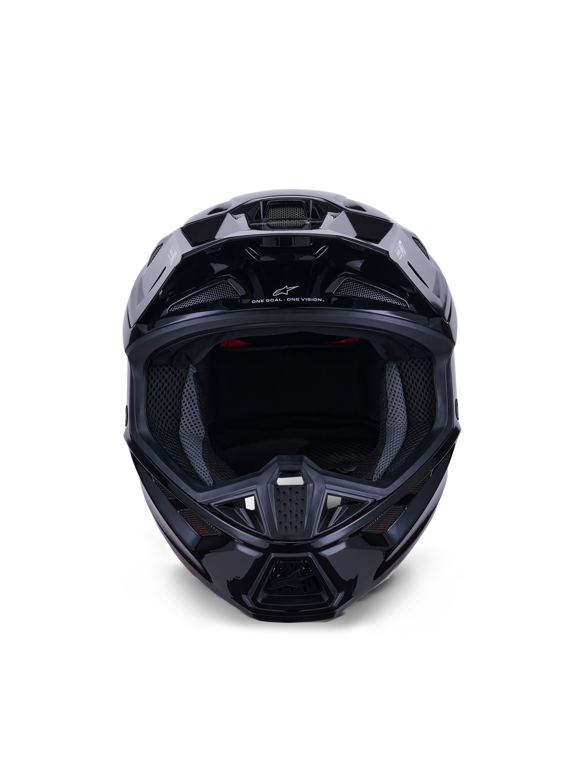 Alpinestars S-M7 Solid Helmet ECE 22.06, casco de motocross, negro brillo, vista frontal que destaca la carcasa compuesta aerodinámica, puertos de ventilación en la mentonera y acolchado interno de malla, acabado elegante para carreras todoterreno