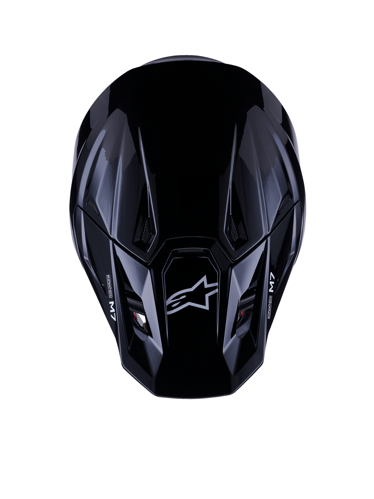 Alpinestars S-M7 Solid Helmet ECE 22.06, casco de motocross, negro brillante, vista superior que muestra la carcasa compuesta aerodinámica con el logo de Astars y la marca M7, diseño estilizado con puertos de ventilación para rendimiento en competición off-road