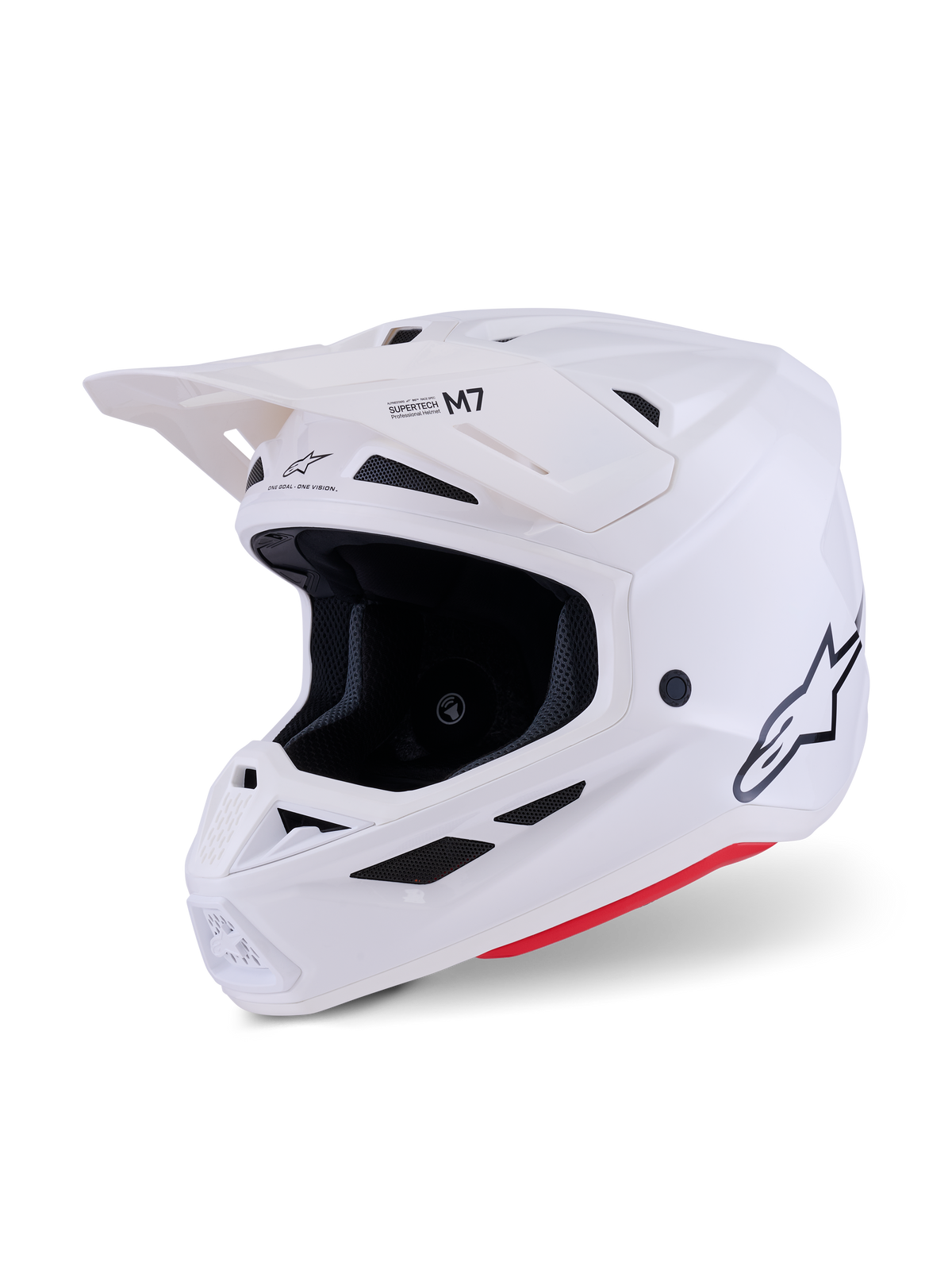 Alpinestars S-M7 Solid Helmet, Motocross Helmet, White Glossy, aerodynamic full-face design with peak visor, featuring a sleek composite shell and 20-port ventilation network, professional off-road racing head protection