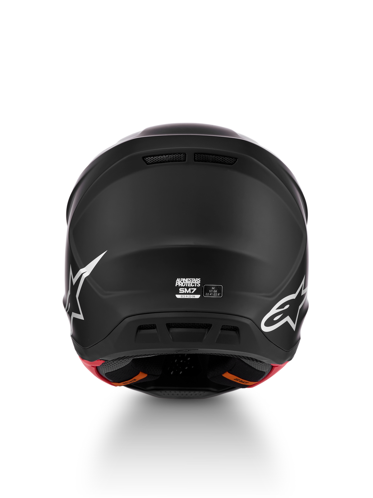 Casco Alpinestars S-M7 Solid ECE06, vista trasera, negro mate, para motocross off-road, talla M, certificado ECE 22.06