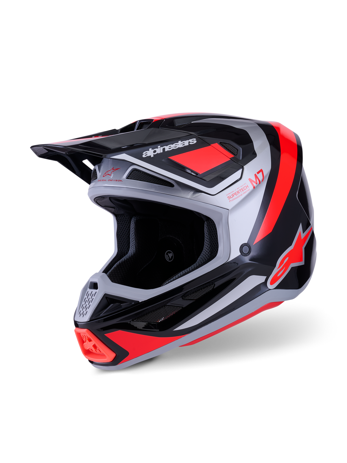 Alpinestars S-M7 Rise Helmet, Motocross Helmet, Black Silver and Red Fluo Glossy, aerodynamic composite shell with multiple ventilation ports, adjustable visor, and bold branding for off-road racing