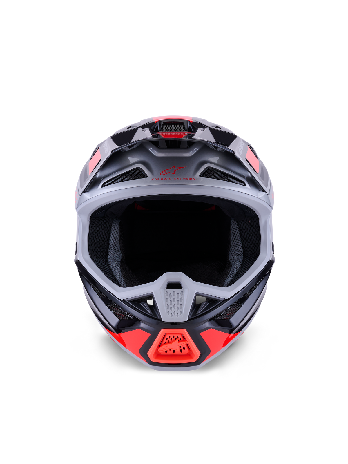 Alpinestars S-M7 Rise Helmet, Motocross Helmet, Black Silver and Red Fluo Glossy, front-facing view showing aerodynamic composite shell, multiple intake vents, and large eye port, engineered for off-road racing protection.