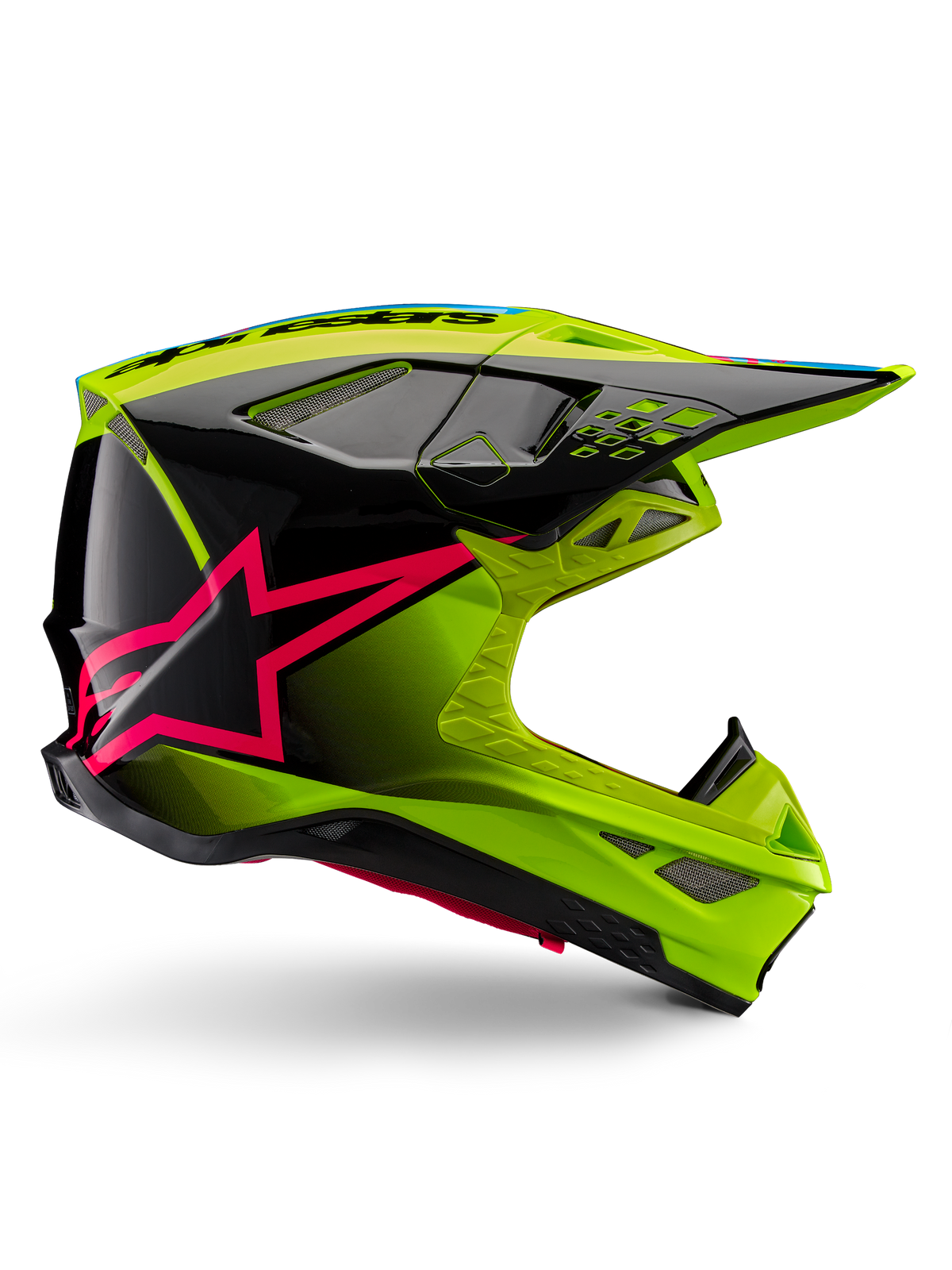 Alpinestars Supertech M10 Unite Helmet, casco de motocross, amarillo flúor y negro con gráficos de estrella en rosa diva, diseño aerodinámico brillante con múltiples puertos de ventilación, certificado ECE 22.06