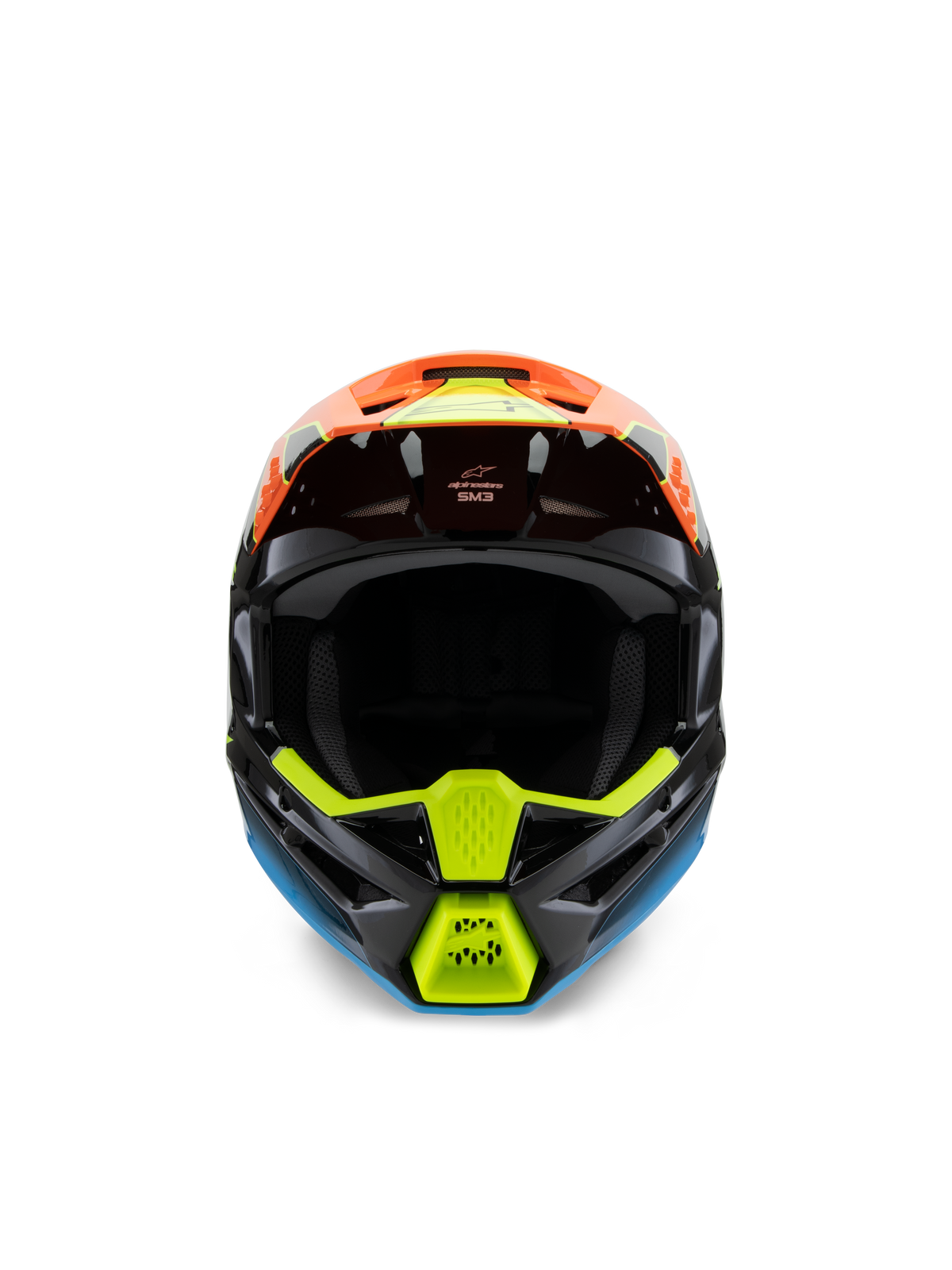 Alpinestars S-M3 Youth Fray Helmet, Front view of a black motocross helmet featuring vibrant orange, yellow fluo, and blue graphics, designed for youth off-road racing