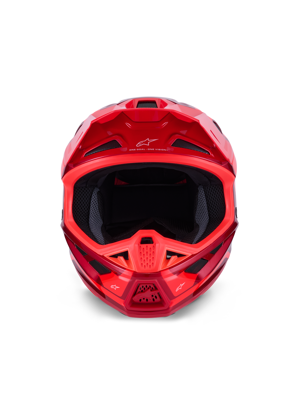 Casco Alpinestars S-M7 Core, casco de motocross, rojo brillante, vista frontal que muestra múltiples entradas de aire y diseño aerodinámico, logotipo de Astars en la visera y la mentonera, equipamiento profesional para carreras off-road
