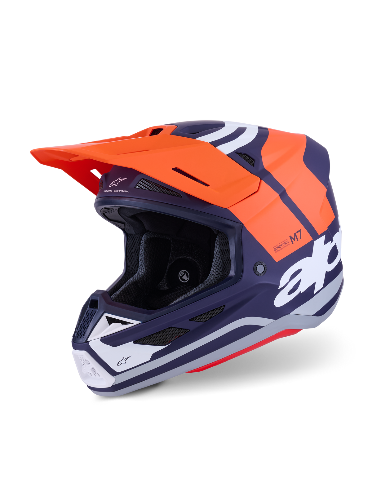 Alpinestars S-M7 Core Helmet ECE 22.06, casco de motocross, naranja y azul marino mate, con logotipos blancos llamativos, carcasa aerodinámica con ventilación integrada, visera naranja y construcción de nivel profesional para carreras off-road