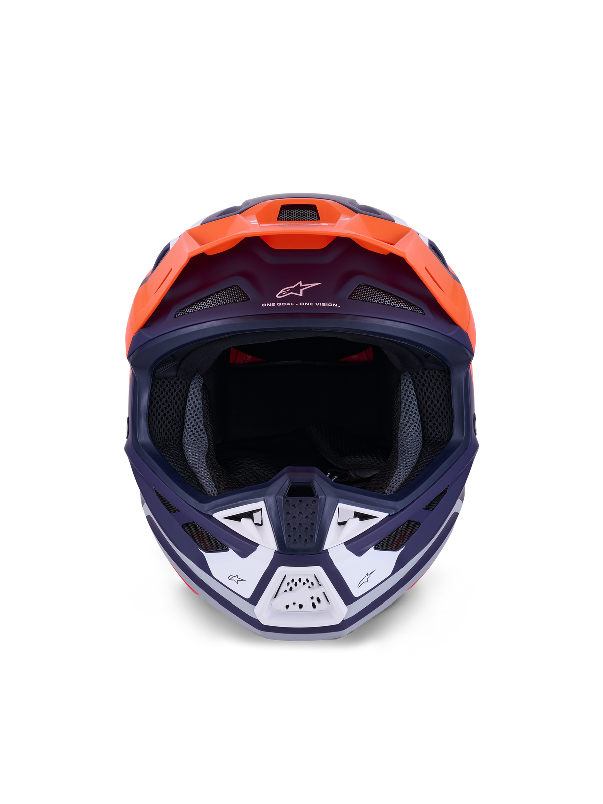 Casco Alpinestars S-M7 Core, casco de motocross, naranja y azul mate, vista frontal con detalles blancos en la mentonera, con el lema "One Goal - One Vision", carcasa aerodinámica para competición off-road