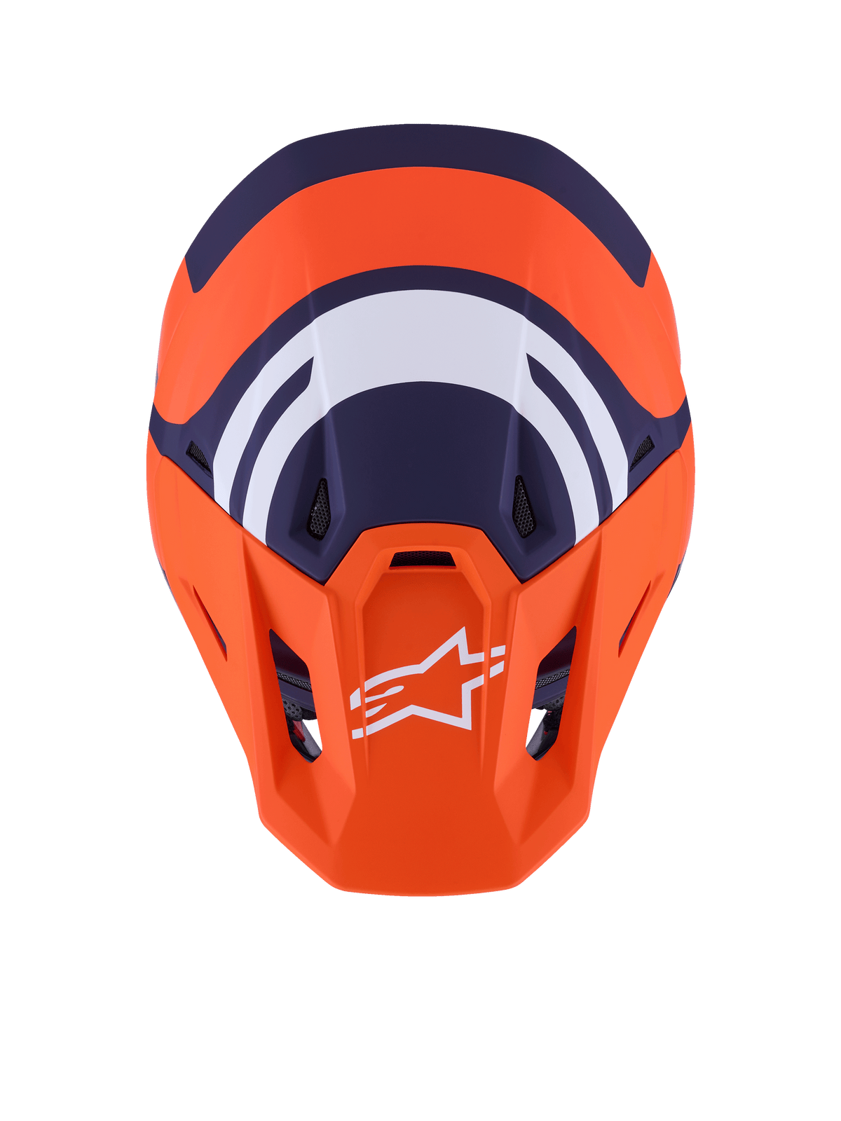 Casco Alpinestars S-M7 Core ECE 22.06, casco de motocross, naranja y azul mate, vista superior con gráficos geométricos en azul marino y blanco, logotipo de Alpinestars blanco en la visera naranja, diseño de carcasa aerodinámica para competición off-road