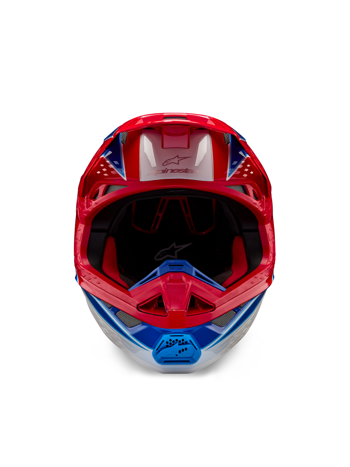 Casco Alpinestars Supertech M10 Aeon ECE 22.06, casco de motocross, rojo y azul brillante, vista frontal con carcasa aerodinámica, mentonera ventilada y acolchado interior rojo, acabado brillante para carreras todoterreno