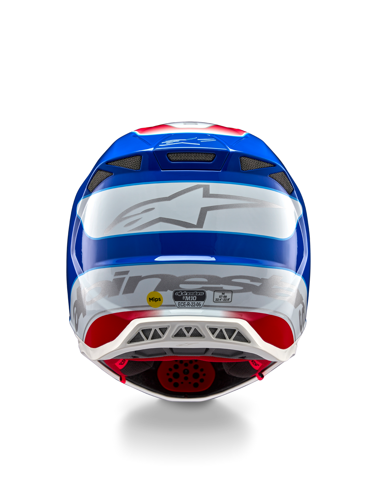 Casco Alpinestars Supertech M10 Aeon ECE 22.06, casco de motocross, vista trasera, acabado brillante en rojo y azul, logotipo grande de Alpinestars plateado, múltiples puertos de ventilación, adhesivos de seguridad MIPS y ECE, protección profesional para competición