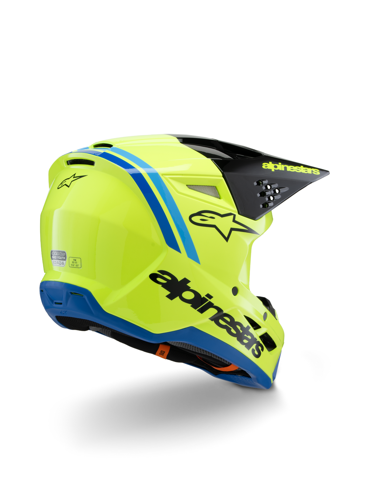 Casco Alpinestars S-M3 Youth Radium ECE 22.06, casco de motocross, amarillo flúor con detalles en negro y azul, vista trasera en tres cuartos que muestra la visera negra con logotipo amarillo y ribete de la base azul