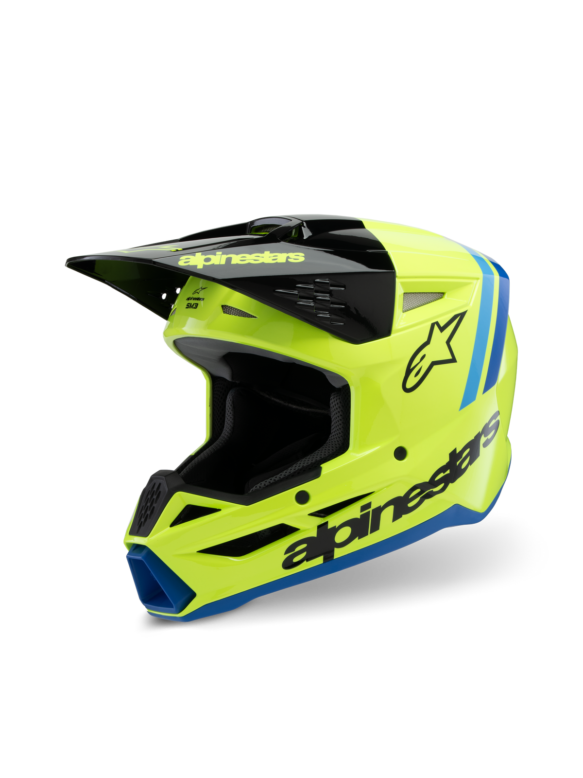 Casco Alpinestars S-M3 Radium Juvenil, casco de motocross, amarillo flúor, negro y azul, con visera negra, logotipo de Alpinestars en el lateral, detalles azules en los bordes, equipo de protección de alto rendimiento para jóvenes pilotos