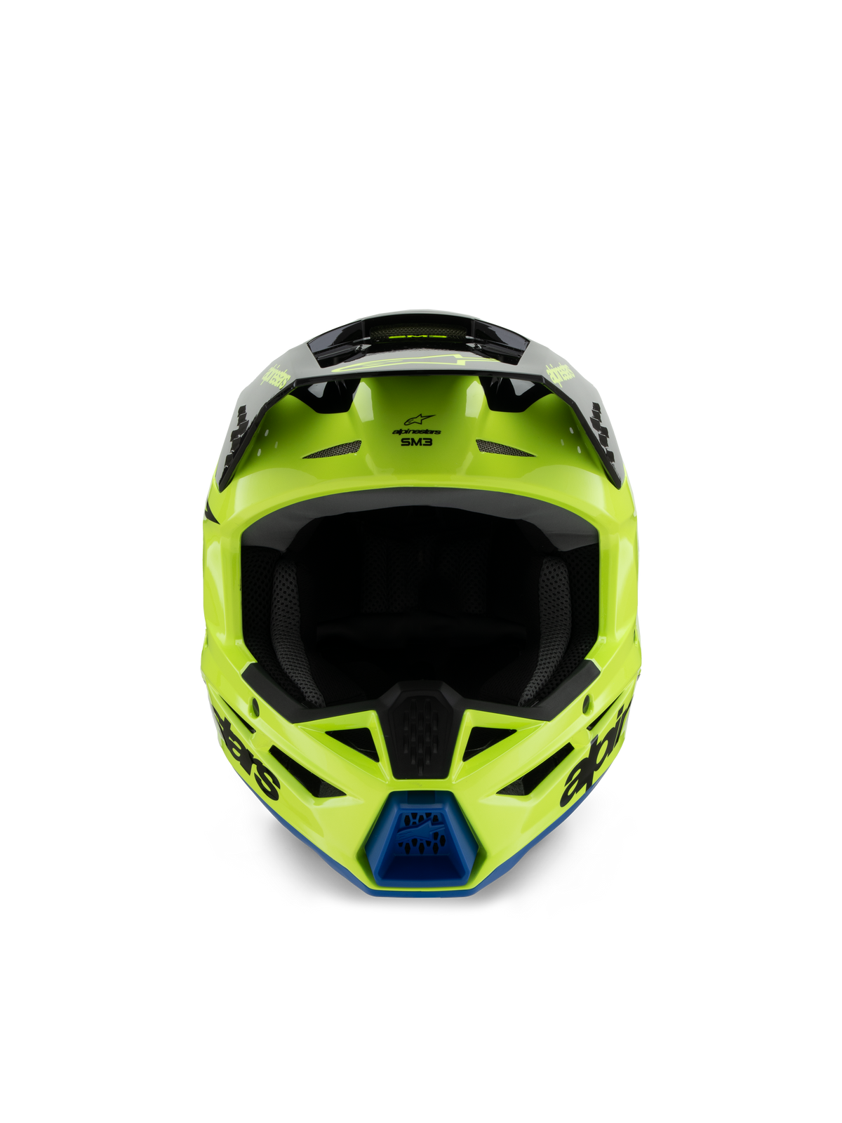 Casco Alpinestars S-M3 Youth Radium, casco de motocross, amarillo flúor, negro y azul, vista frontal con visera negra y ventilación azul en la mentonera, logotipo de Alpinestars destacado, perfil aerodinámico estilizado para carreras off-road juveniles