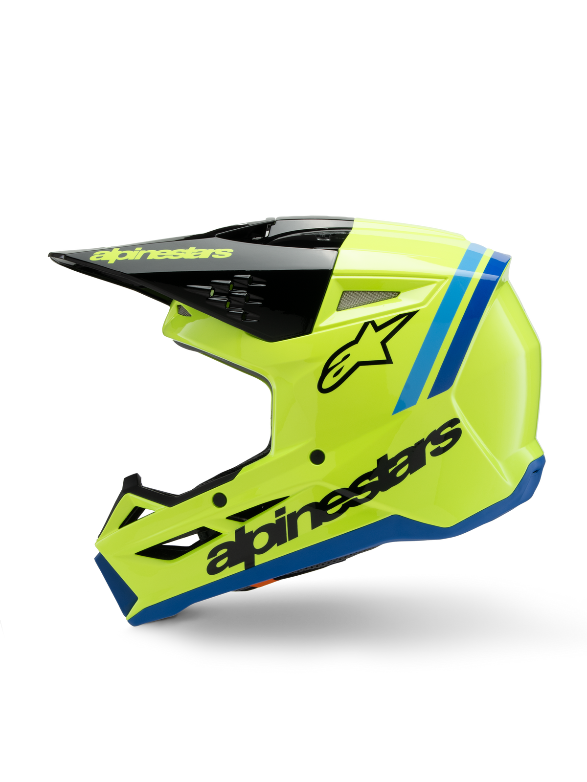 Alpinestars S-M3 Youth Radium Helmet, casco de motocross, amarillo fluorescente brillante con detalles en azul y negro, con logotipos destacados de Alpinestars, perfil aerodinámico estilizado para carreras off-road juveniles